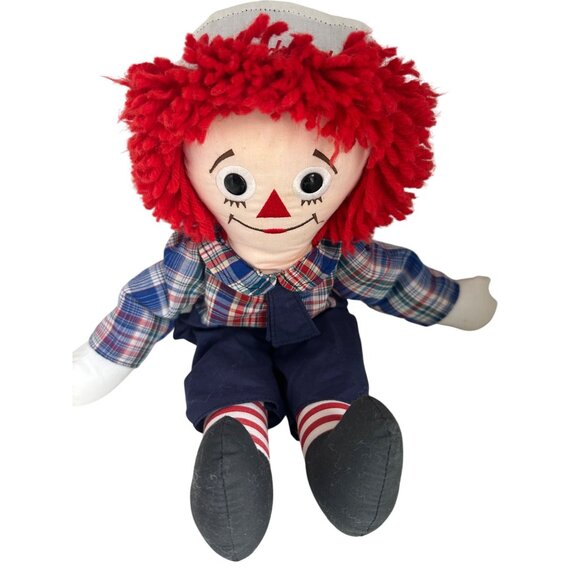Vintage Raggedy Andy Doll 17 in With Red Yarn Hair Blue Outfit & Striped Socks - Picture 4 of 6
